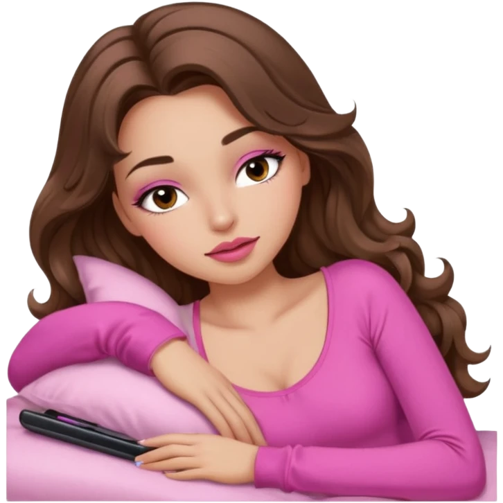 girl with long wavy brown hair, brown eyes, long lashes makeup, sexy pink lips, light to medium complexion, wearing a pink sexy top, sleeping emoji