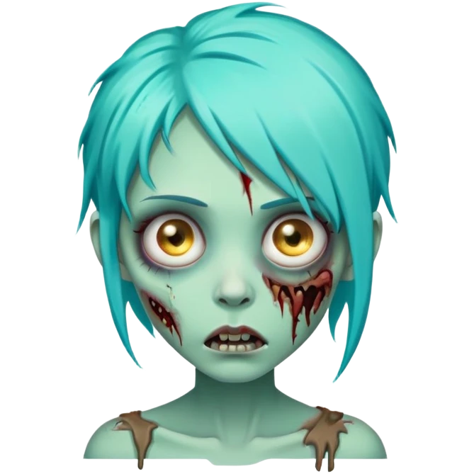 female zombie with bright turquoise hair, rotting skin, sunken eyes, cute but scary emoji