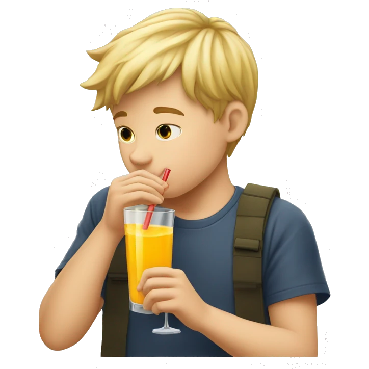 A blonde boy sucking or drinking juice with a straw while his hand is holding the drink, profile view emoji