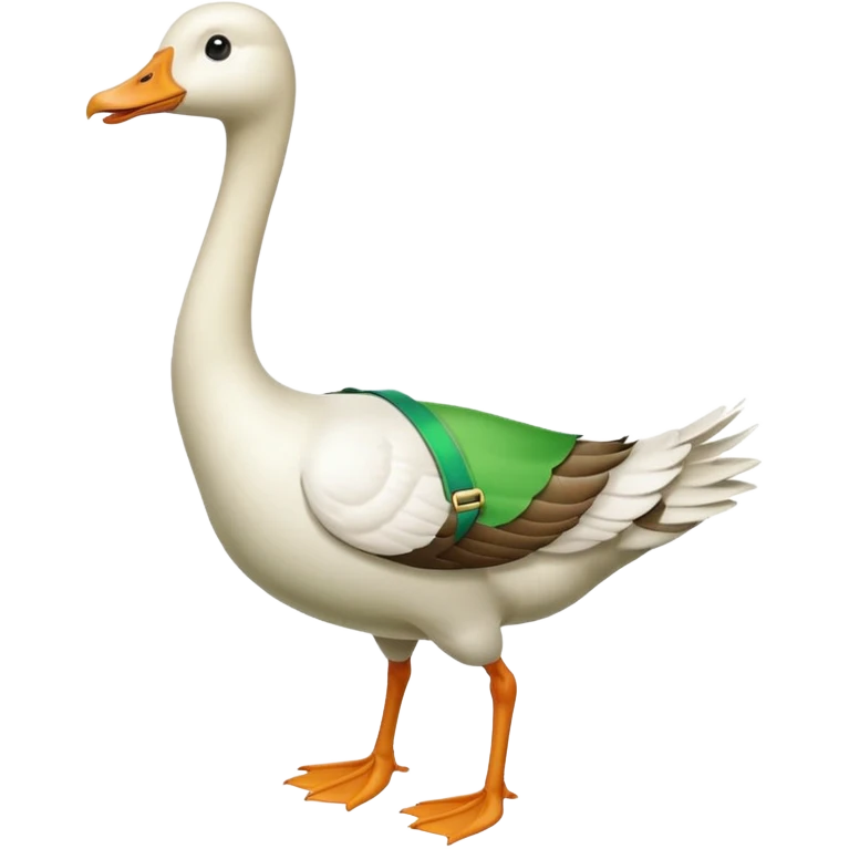 "Emoji of a white running goose with a very long neck and two legs. The goose wears bright green suspenders." emoji