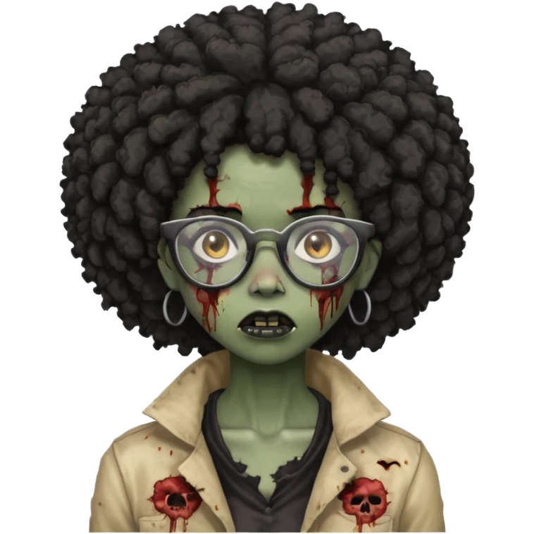 black zombie girl with glasses and afro hair emoji