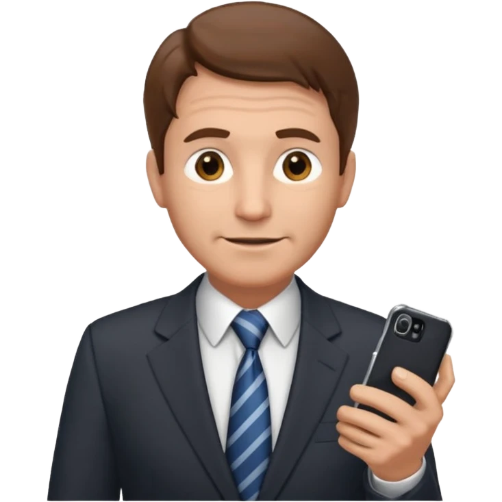 Un hombre  mayor con leve sonrisa de traje con tez clara pelo color castaño, vestido con traje camisa y corbata y celular en mano .  emoji