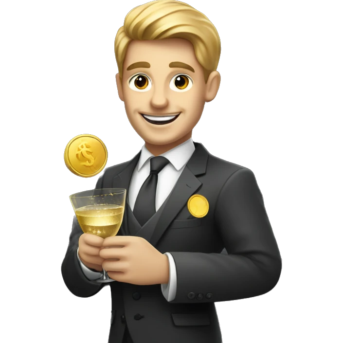Smiling person in a tailored suit holding a gold coin in one hand and a champagne glass in the other, with dollar signs sparkling in their eyes emoji