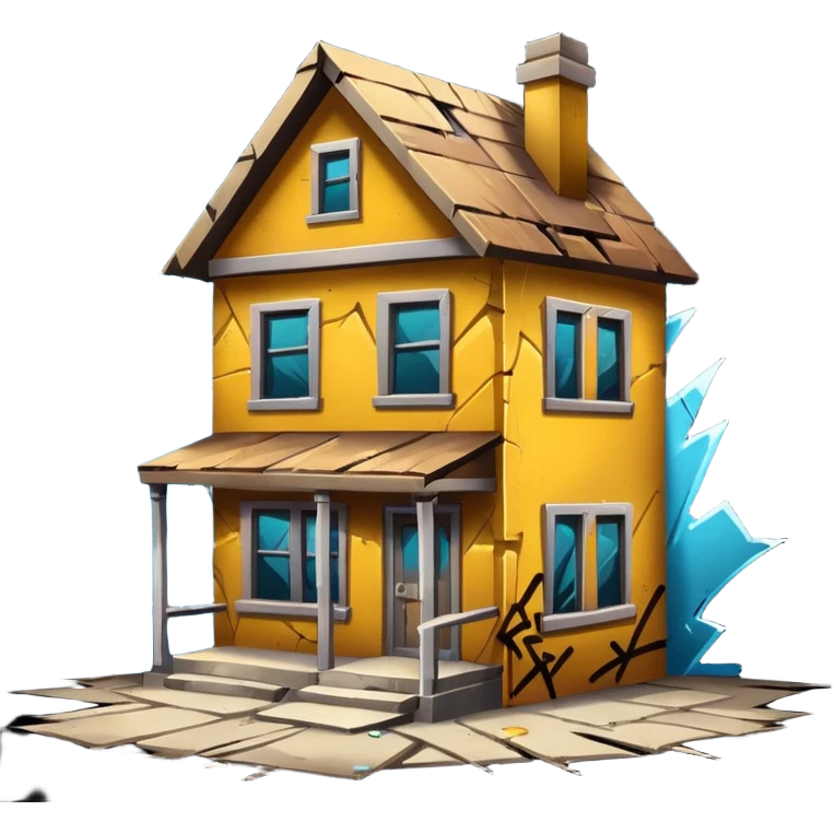 Trap house in hood with boarded windows and broken glass and graffiti on it emoji