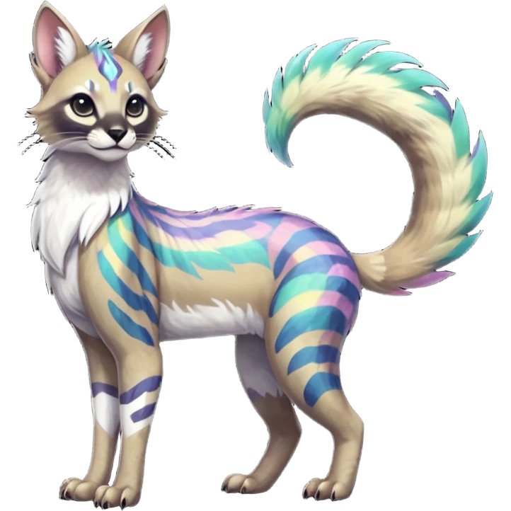 Colorful dark tropical feathery tribal pale light fruity pastel white glorious iridescent divine exotic cute cool beautiful beautiful fantasy-caracal-civet-genet-sergal-vernid-Gryphon-Cacomistle-Trico-oncilla-animal-Fakémon-hybrid-fursona (full body) emoji