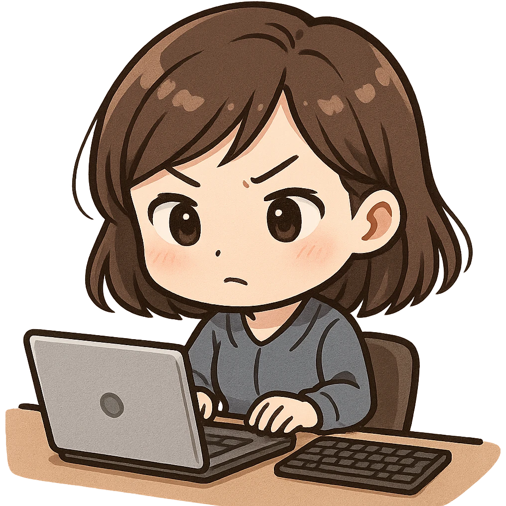 chibi style cute Asian lady with brown hair, really focused on her work at her desk, with a keyboard and a laptop emoji