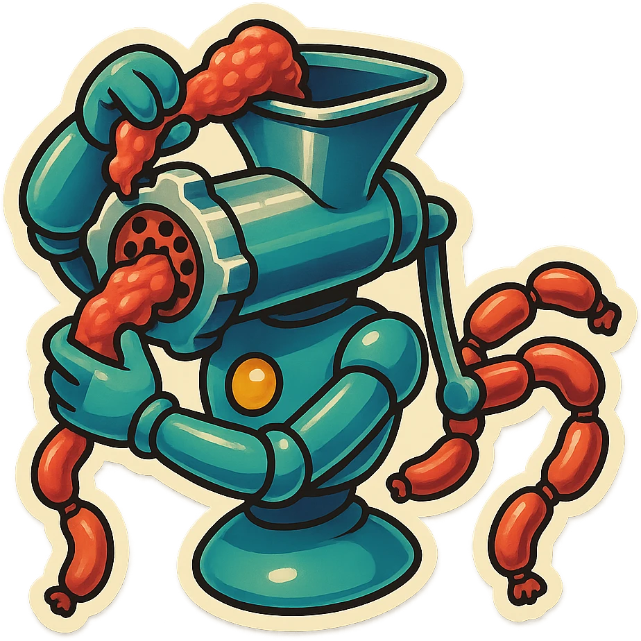 a robot that has a large meat grinder for a head. 2 arms that stuff meat into its meat hole. meat is processed and sausage links come out of the rear. The robot doesnt have legs it hovers.style is not lifelike. sticker or emoji style. robot feeds itself meat emoji