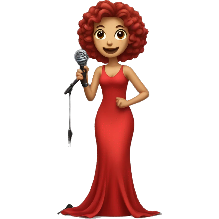 beautiful light girl in a long red dress sings holding microphone in a hand  emoji