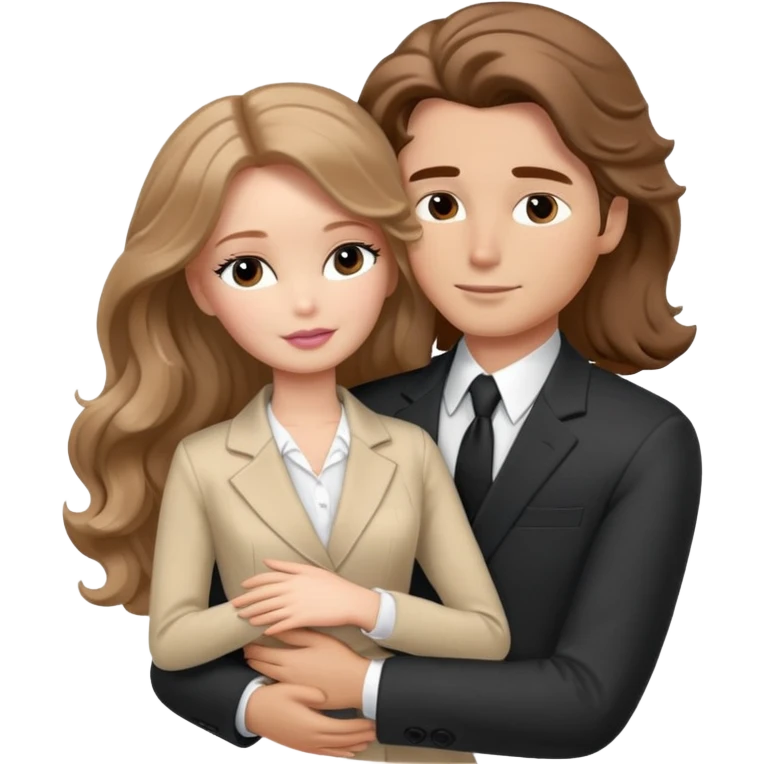 White Barbie girl Chestnut long wavy hair sleeping with In beige clothes, Hugs a man with brown hair, brown eyes and a black suit emoji