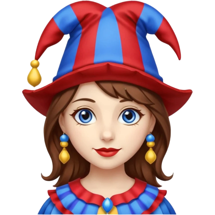 a girl A classic two-armed jester's hat with red and blue stripes, a yellow brim, and small yellow bells on the tips. brown hair blue and red eye's

 emoji