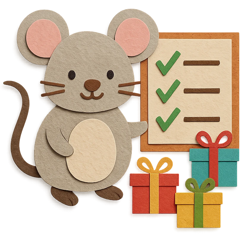 mouse with checklist and mini presents in paper-craft style emoji