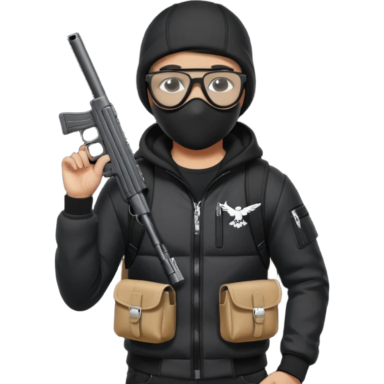 YN wearing a ski mask, holding a gun, all black fit, black jeans, Sprayground bookbag, confident stance with glasses emoji