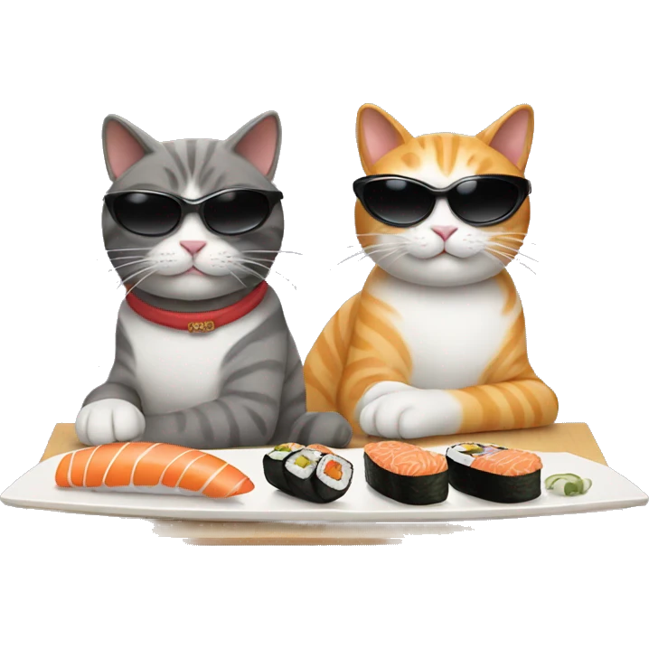 two cats wearing sunglasses eating sushi emoji