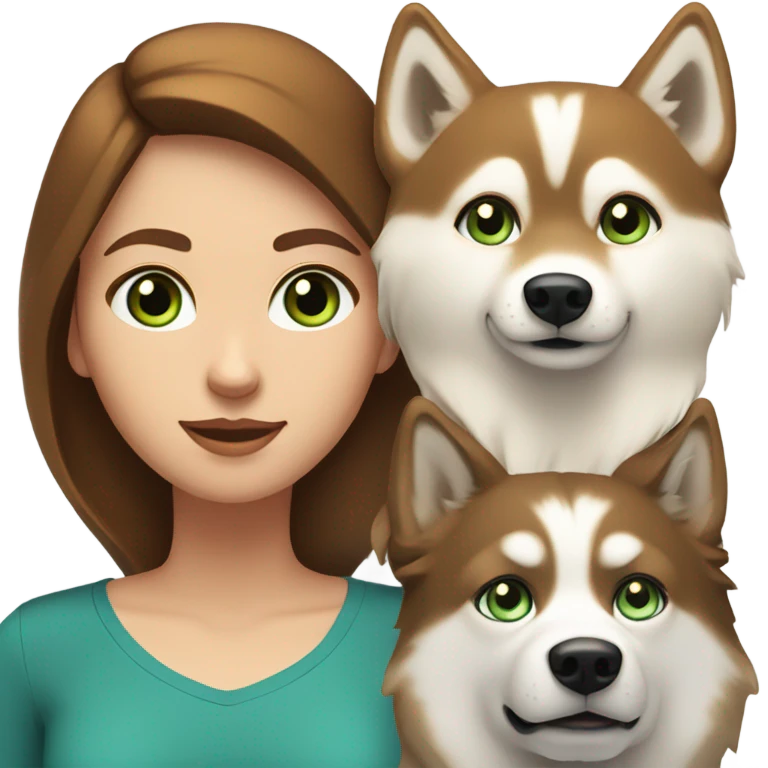 White Woman hair brown and bleus eyes and golden Husky With green eyes emoji