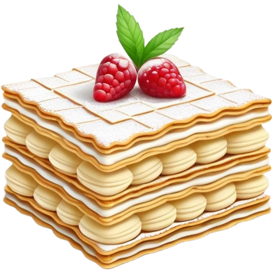 Cinematic delicate mille-feuille, thin crispy pastry layers filled with smooth vanilla cream, dusted with powdered sugar, elegant presentation, highly detailed and sophisticated. emoji