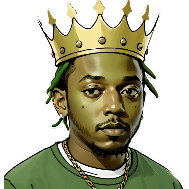 Peepo style emoji of Kendrick Lamar as a king, gold crown, smiling, cartoonish and adorable emoji