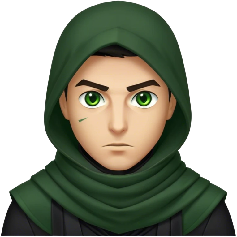A sharp-featured assassin in a black scarf, only his intense green eyes visible under the hood emoji