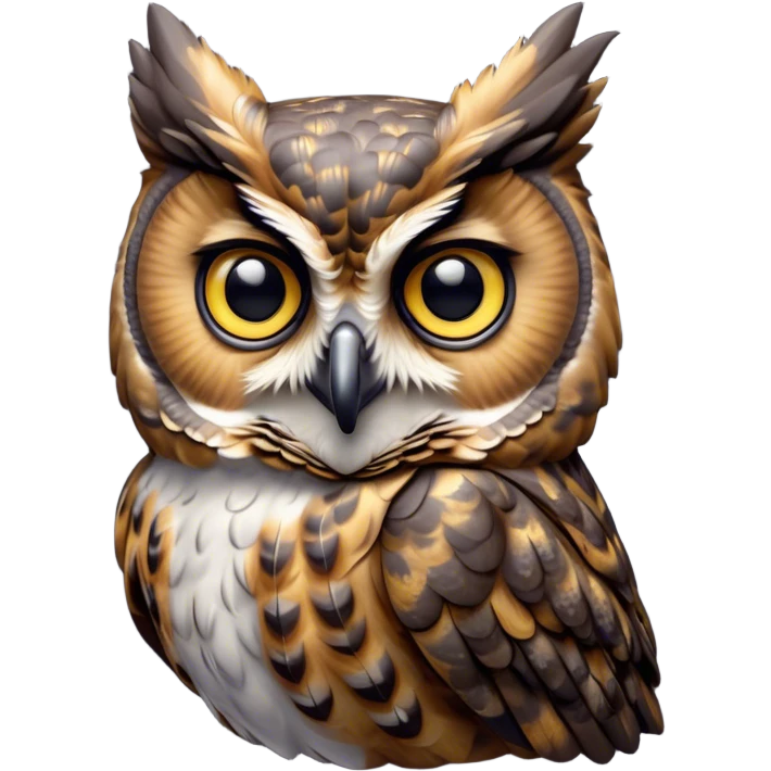 Cinematic Cute Great Horned Owl Portrait Emoji, Head tilted playfully and inquisitively, featuring a lush mottled Fur with intricate patterns of gray and white, round, sparkling golden eyes filled with curious wonder, Simplified yet irresistibly adorable features, highly detailed, glowing with a warm, friendly glow, high shine, affectionate and wise, stylized with a touch of nocturnal whimsy, bright and endearing, soft glowing outline, capturing the essence of a mischievous yet loving owl, so playful it feels like it could glide out of the screen and perch in your arms! emoji
