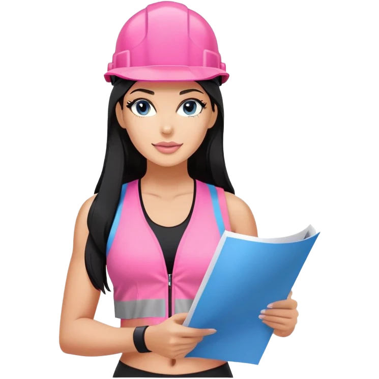 pink construction hat, blue print in hand, long black hair tanned woman, black sports bra, pink vest, sexy emoji