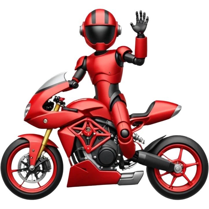 Un robot type bender de Futurama conduisant une mv Agusta 800rr dragster rouge et noir avec un casque et une combinaison de même couleur emoji