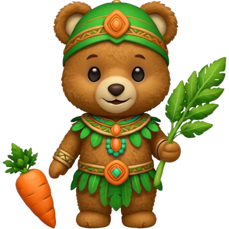 teddy bear, wearing green mayan ancient custome, with carrot emoji