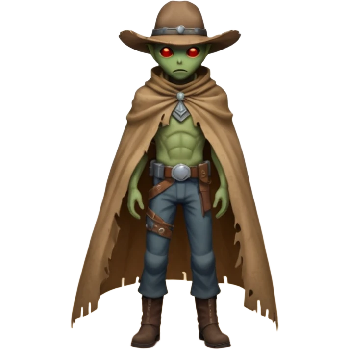 A rugged alien outlaw cowboy with scars and glowing red eyes, torn futuristic poncho, standing in a deserted alien town, dust blowing through empty streets, moody shadows, gritty sci-fi western realism
 emoji