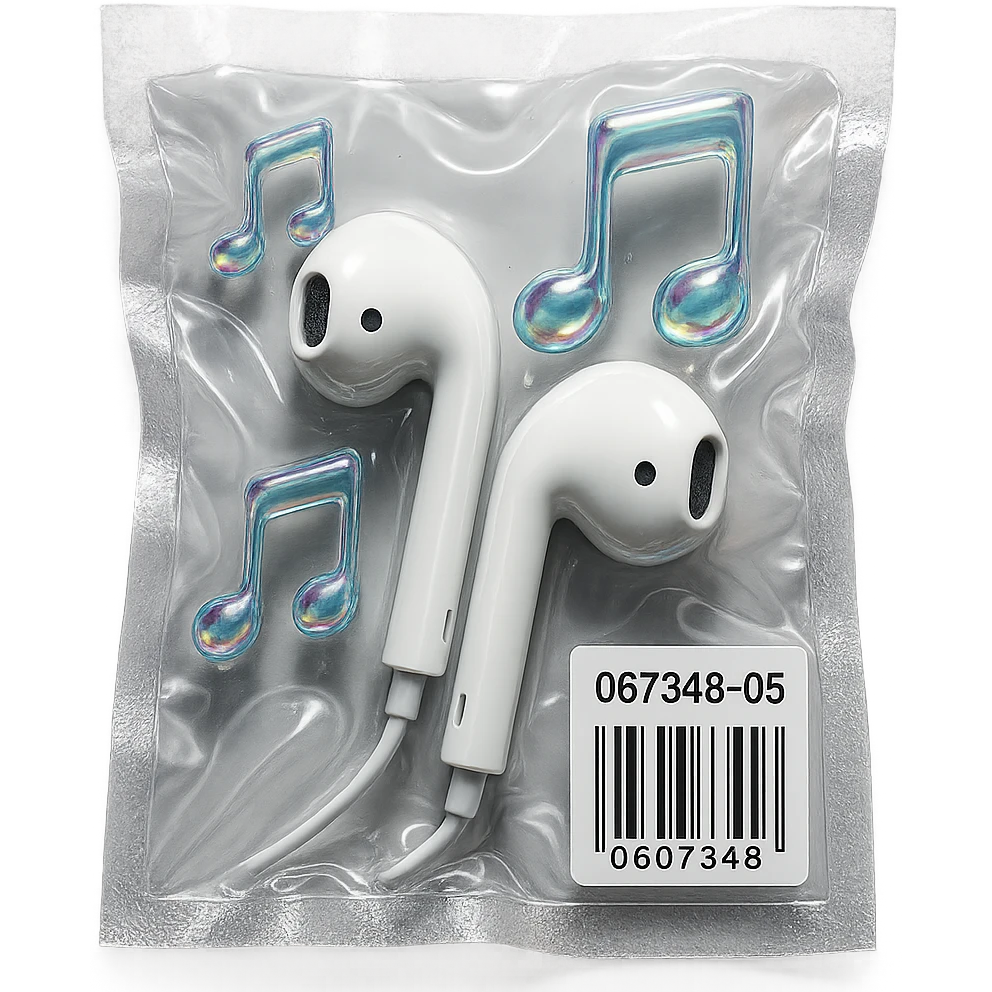 pair of white EarPods with three floating iridescent glass music notes, shiny and puffy, vacuum-sealed style emoji