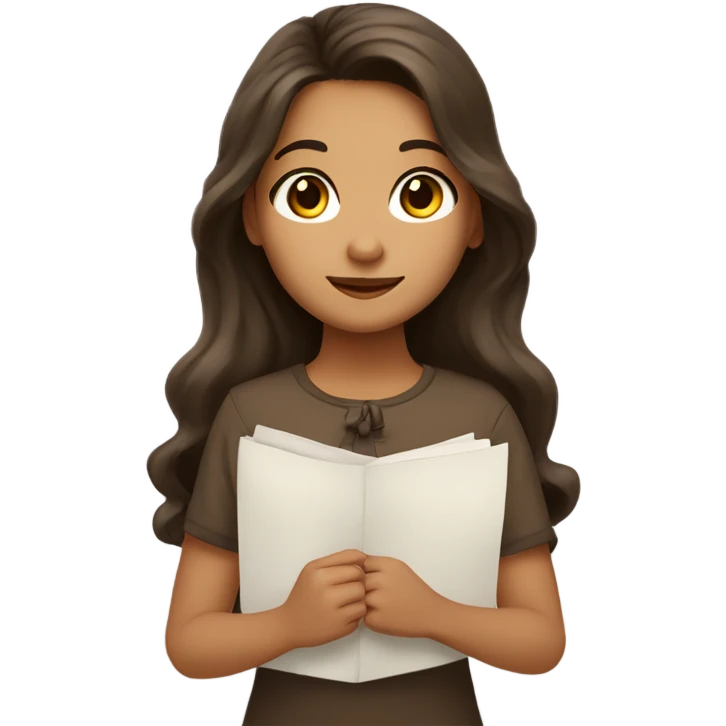 girl with olive skin, brown eyes and brown long wavy hair, an a bow holding papers emoji