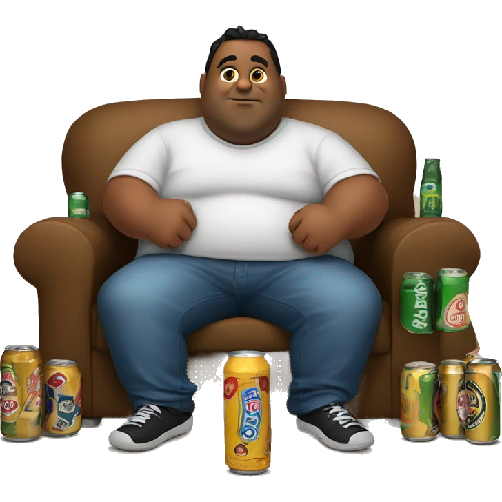 Fat brown guy sitting in the sofa  with beer and empty cans of beer around him emoji