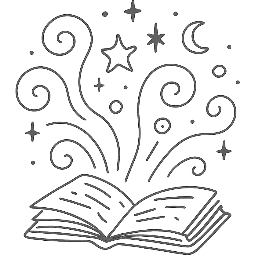 Открытая магическая книга в стиле дудлинг. Из её страниц вылетают завитки магии, звёздочки, луны, искры и таинственные символы. emoji