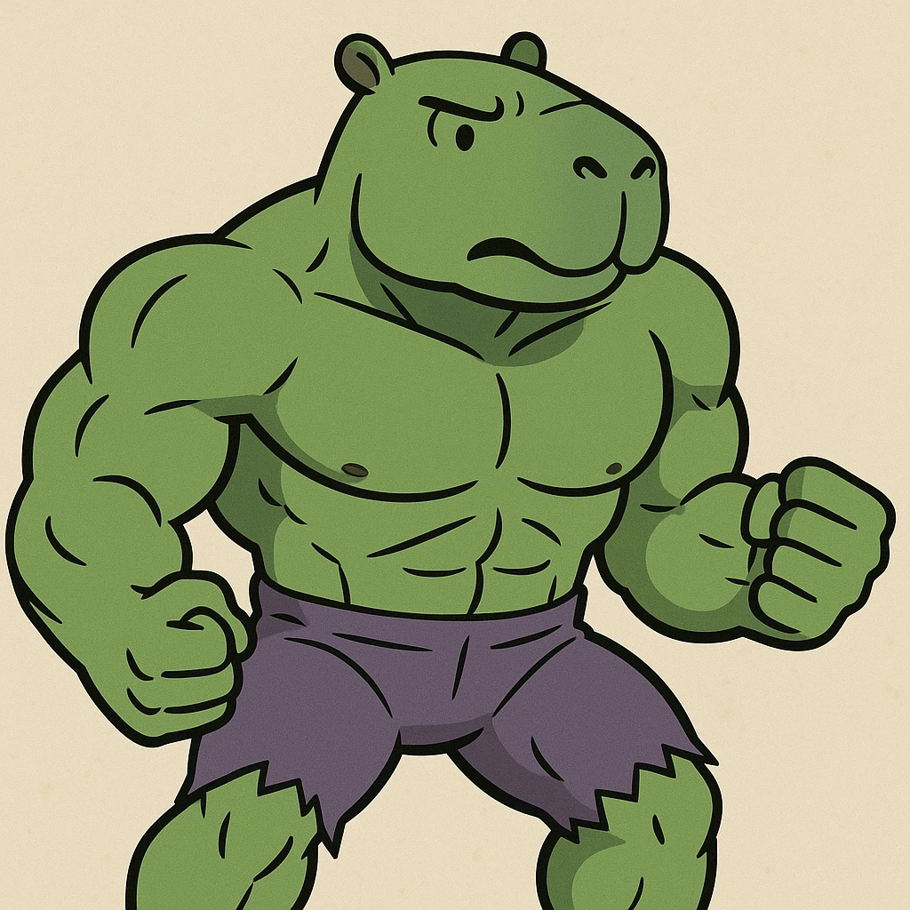 a superhero like the Hulk, but with a capybara face, strong build, green color, cartoon style emoji