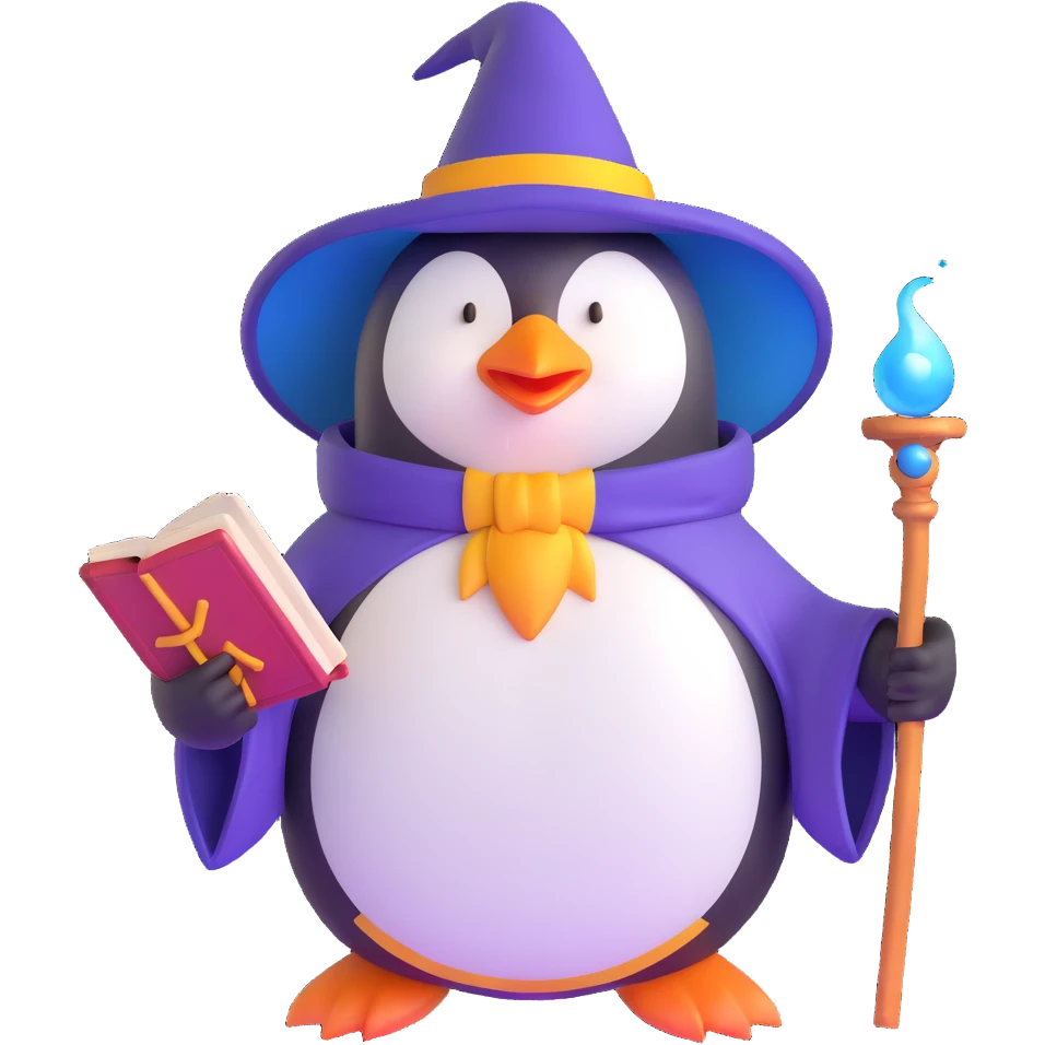 penguin wizard with spell book and magic staff emoji