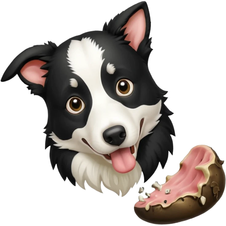 A black and white border collie is chewing on a rotten, smelly cow's hoof. emoji
