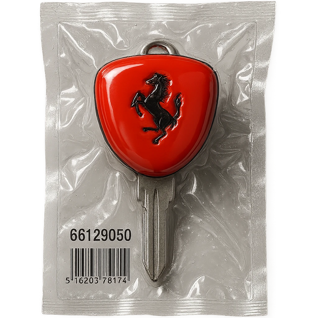 classic Ferrari key, red with silver trim, Ferrari prancing horse logo, shiny and inflated emoji