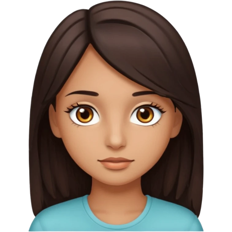 girl with brown eyes, long eyelashes, layerd mid length hair dark brown, tanned skin emoji