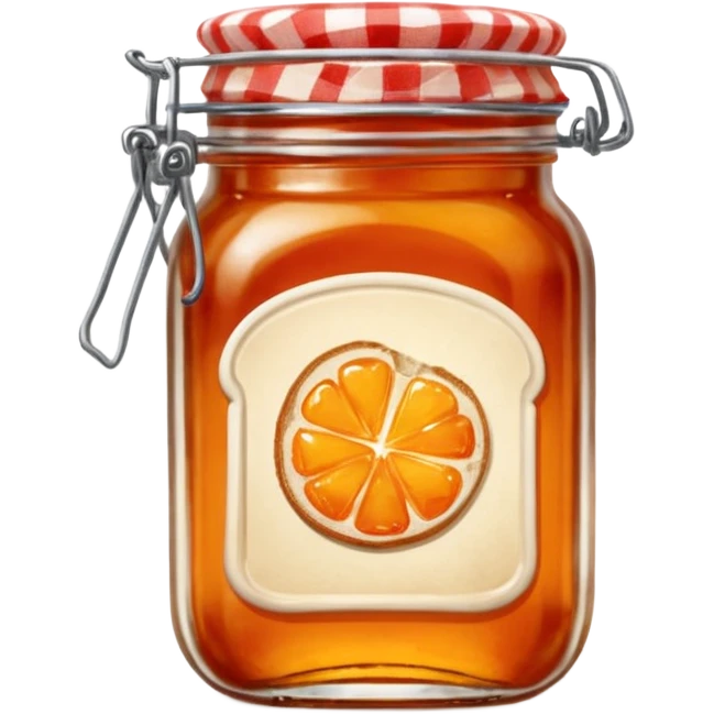 Hermès-style vintage slice of bread with orange marmalade jar, glass jar, red gingham lid, vintage look, cute emoji style emoji