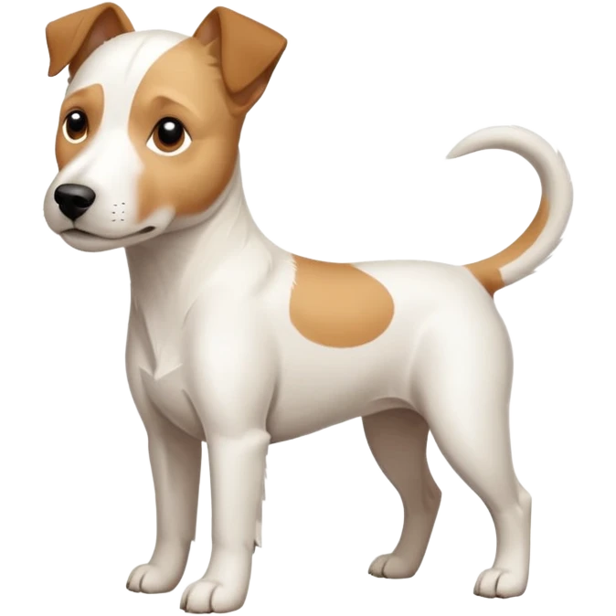a full body facing front on of a buff white parson russell terrier looking dog the size of a kelpie with light brown long ears resting on its face and a light brown patch on one eye and a large snout. the rest of the dog is completely white.  emoji