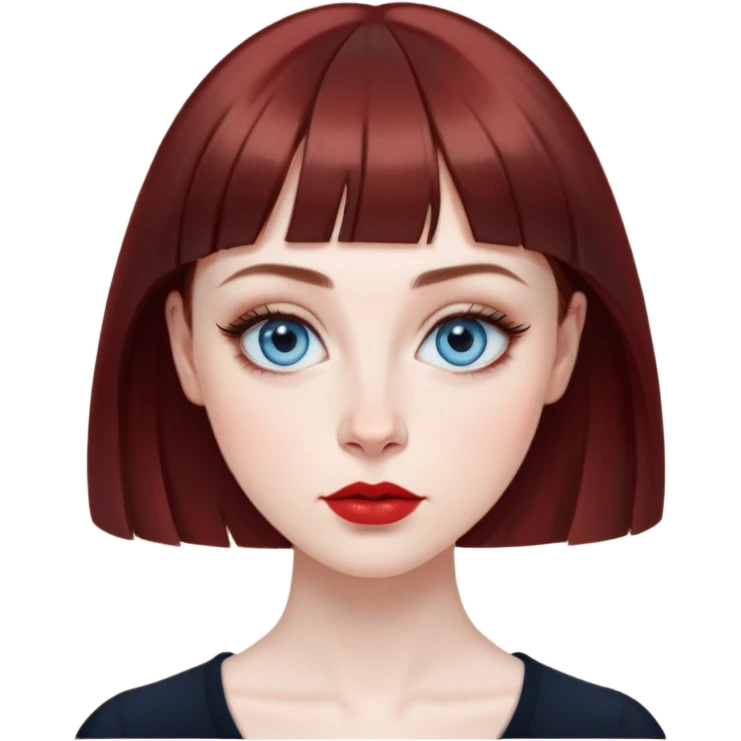 Artistic young woman with pale skin, oval face, large expressive blue eyes with eyeliner, thin arched eyebrows, small nose, full lips with red lipstick, dark auburn hair that's straight with slight waves at ends, straight bangs, wearing a black top, warm creative expression emoji