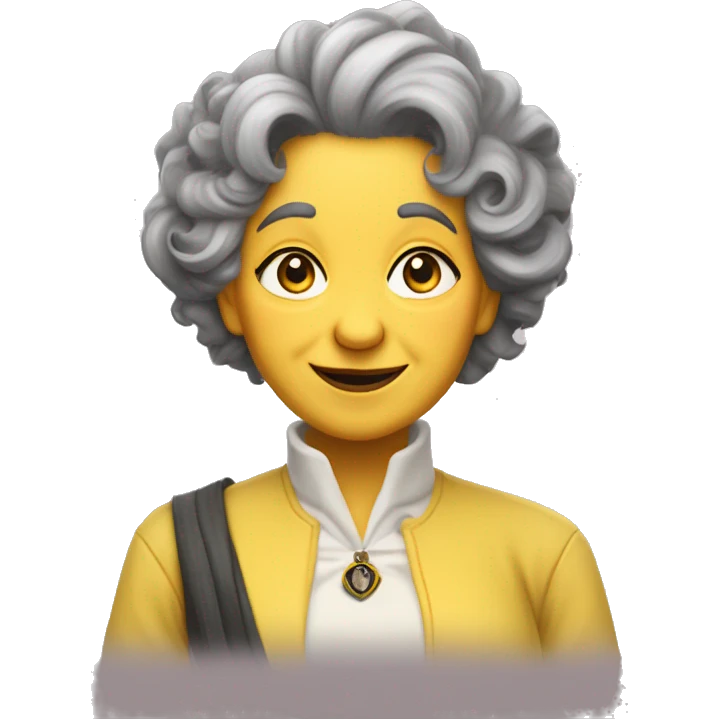 old, curvy woman, hufflepuff, grey and curly and wild hair, madame sprout, mot amused emoji
