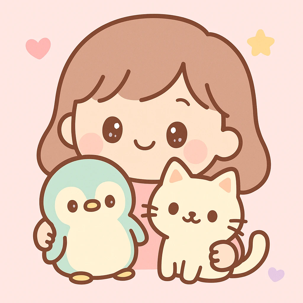 a girl holding a penguin and a cat, kawaii style emoji
