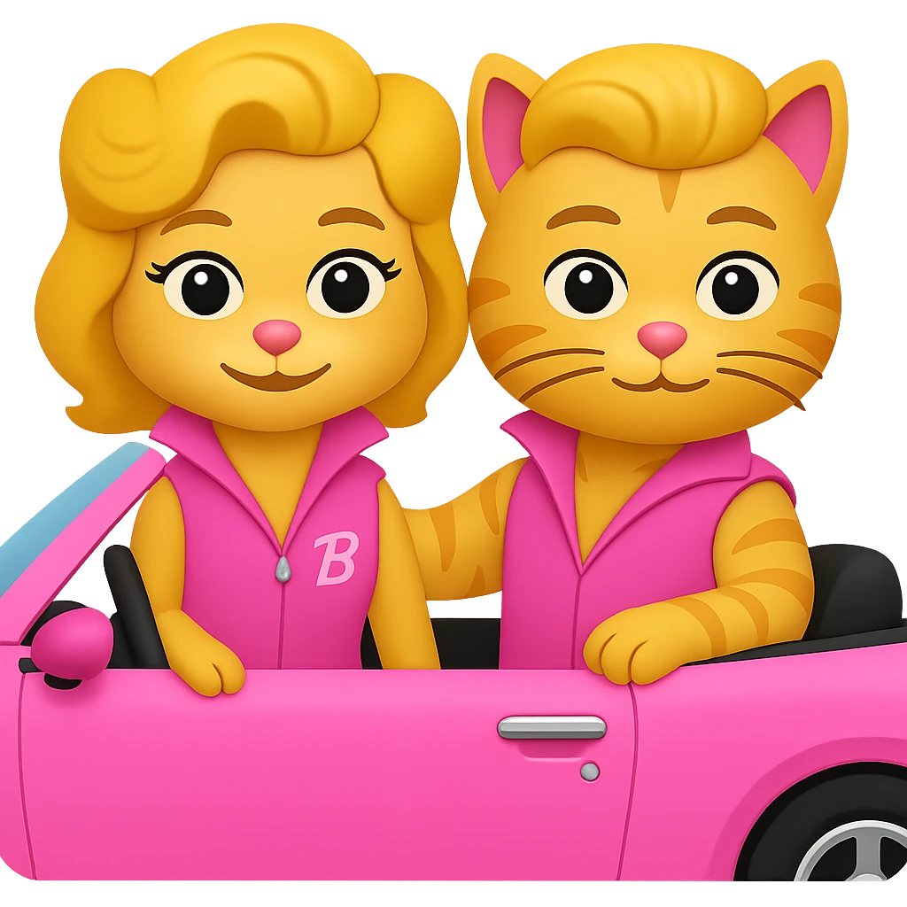 Add Barbie and Ken style wigs to both cats, keep them in a pink convertible, emoji style, no background. The style should resemble emoji style with bright colors and simple shapes. emoji