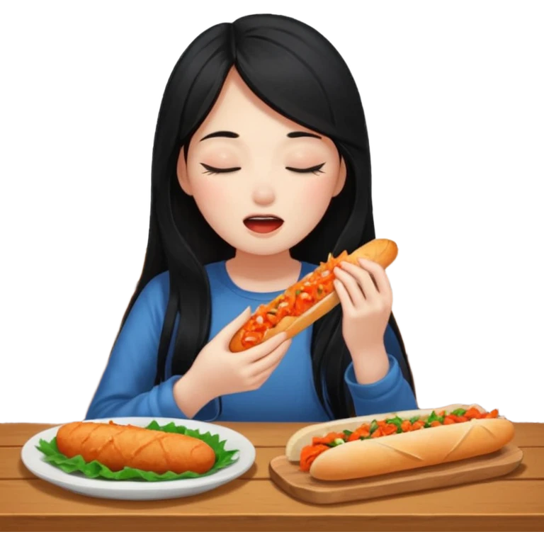 Girl with black long hair eat kimchi close eyes baguette emoji