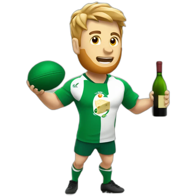rugby player juggling cheese and wine wearing ireland colours emoji