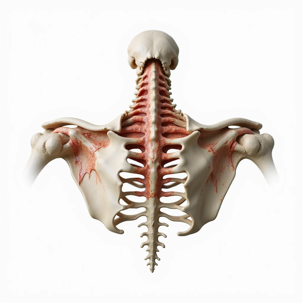 realistic winged scapula pathology, isolated on white background, with anatomical labels indicating pathology and involved structures emoji