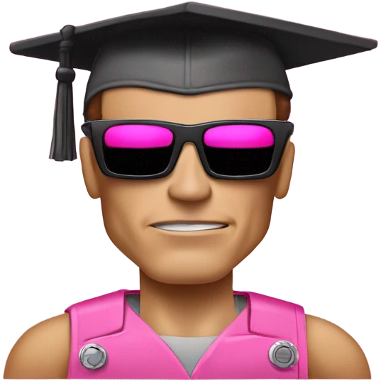 Schwarzenegger-like Terminator, upper body only, wearing his iconic clothes in pink, with a pink graduation hat, looking more human with minimal robotic details, and wearing dark sunglasses. emoji