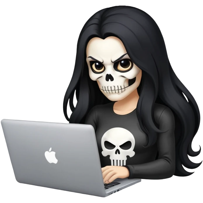 female Punisher skull with long flowing black hair working on a laptop emoji