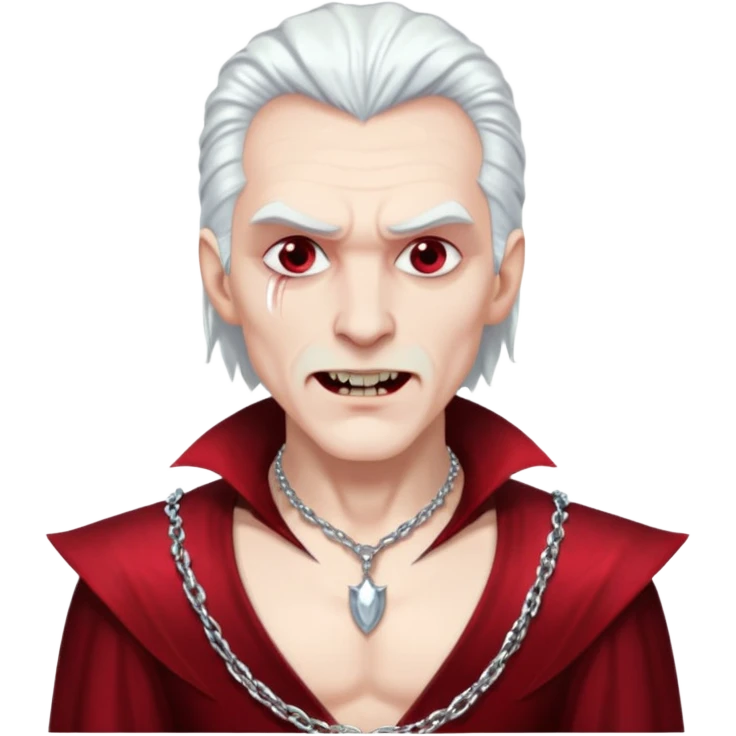 Dracula with long white hair, dark red sequin baggy pants, shirtless with necklace emoji