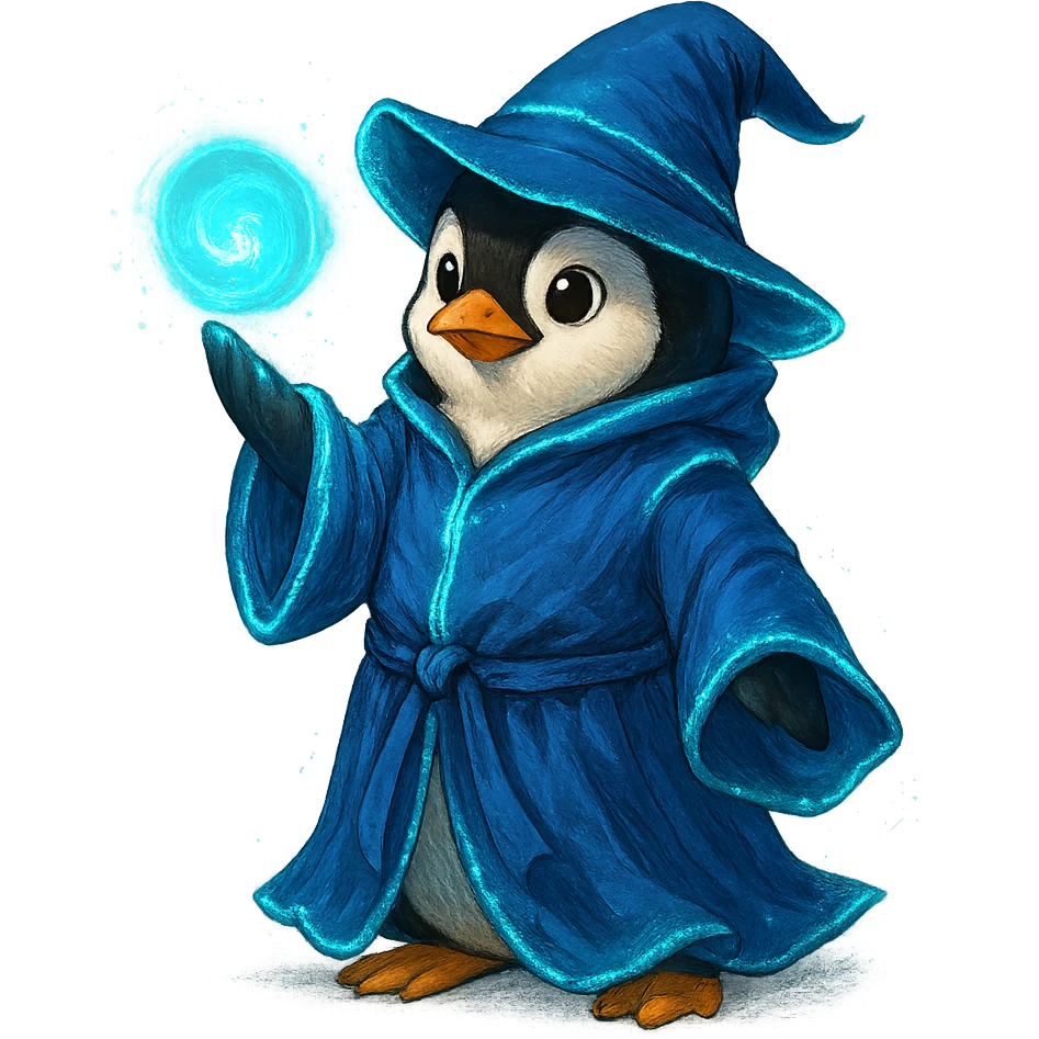 penguin wizard casting a spell wearing a blue robe with glowing effects emoji
