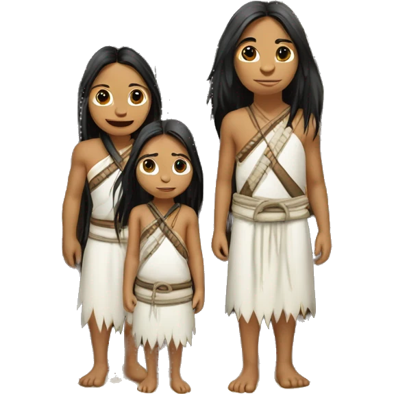 Koguin indigenous family at the door of a hut with white clothing and long hair emoji