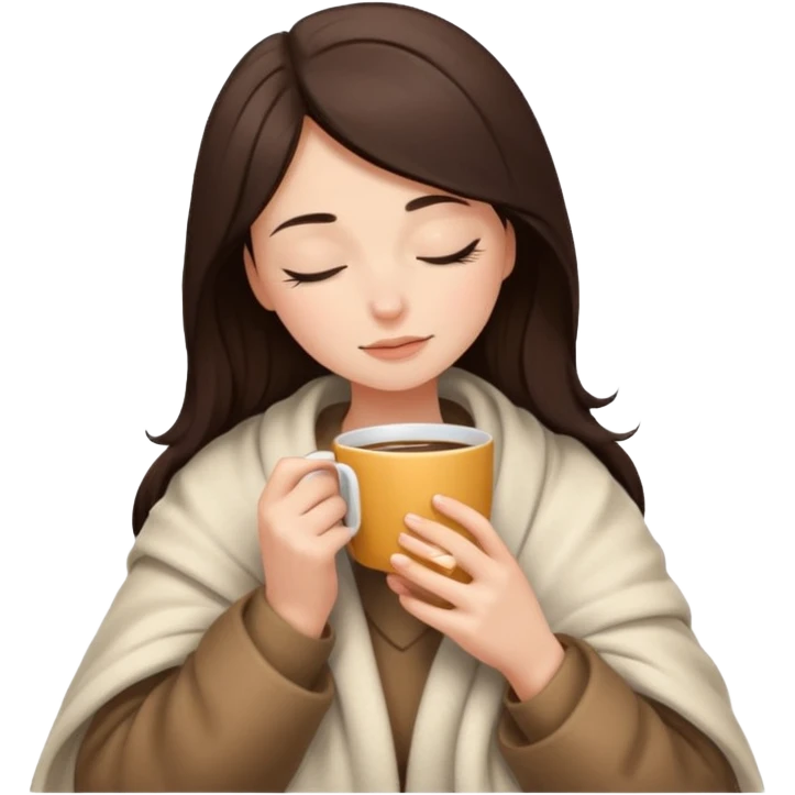 brunette girl snuggled in a blanket, sipping coffee, eyes closed emoji